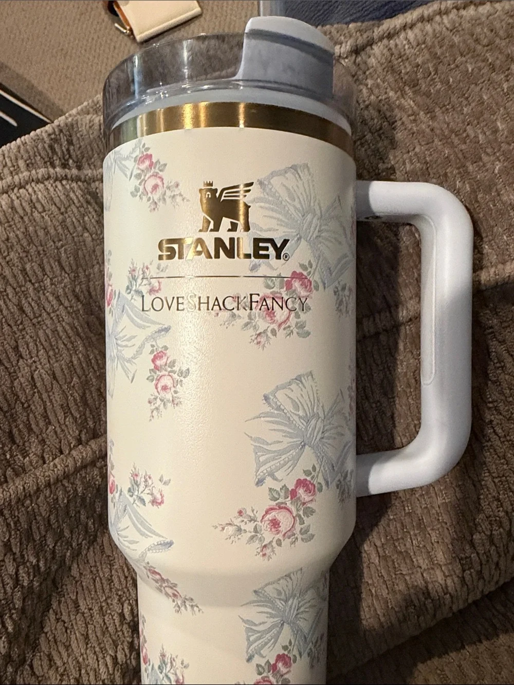 Stanley Cream Floral Travel Mug with Light Gray Handle and Gold Accent